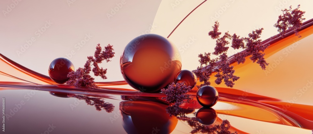 Poster abstract fractal art with glossy spheres and flowing ribbons in warm orange and brown tones, creatin