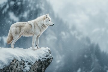 Obraz premium A solitary wolf standing on the edge of a snowy cliff, its fur white against the winter landscape