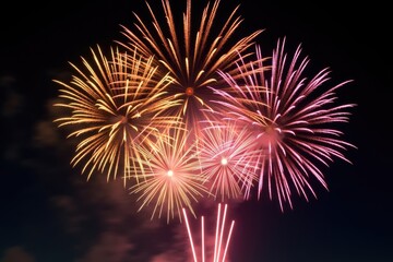 Dazzling Fireworks Display with Vibrant Purple and Gold Explosions in Night Sky