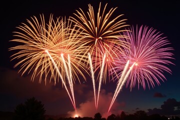 Dazzling Fireworks Display with Vibrant Purple and Gold Explosions in Night Sky