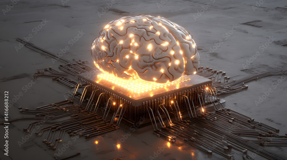 Poster a futuristic brain model sits atop a glowing microchip, symbolizing the intersection of technology a