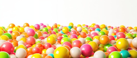 Colorful Candy Balls Pile: Sweet Treat Background with Vibrant Pink, Yellow, Green, and Orange Spheres on White Backdrop