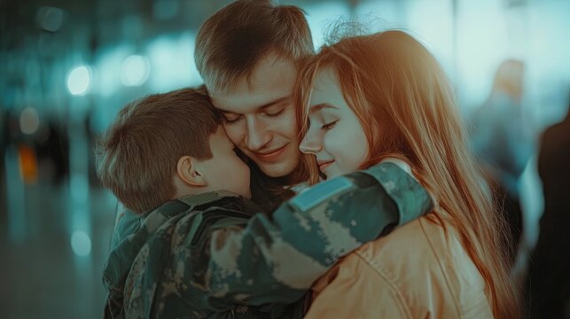 emotional reunion: a soldier returns home to embrace family at airport – a heartfelt tribute to love and sacrifice for sports decor posters