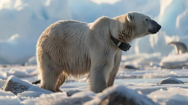 Polar bear equipped with tracking collar roams icy habitat in search of food and migration patterns