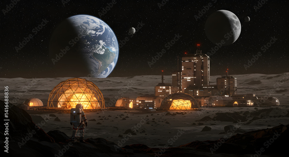 Poster astronaut exploring lunar base with earth and moon in space pixel art