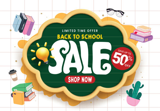 Back to school sale clipart template design. School limited time offer 50% shop discount clip art with sale text in cloud chalkboard grid space abstract background educational shopping advertisement 