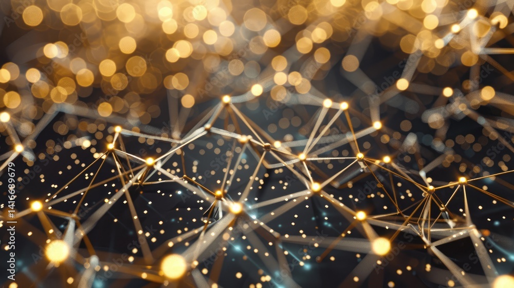 Poster abstract network of glowing nodes and connections on a dark background. digital artwork of black geo