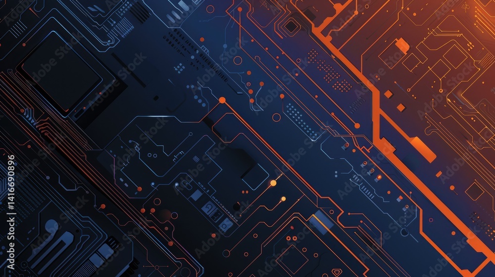 Poster dynamic abstract background featuring a gradient of navy blue and orange. ideal for technology and m