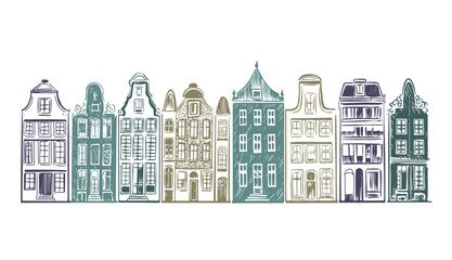 Obraz premium Amsterdam canal houses, Buildings standing in row on white. Hand drawn illustration. 