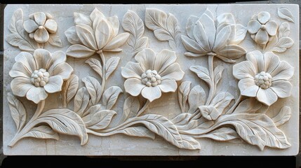Intricate floral carving in beige marble stone, showcasing detailed flowers, leaves, and stems in a relief pattern.