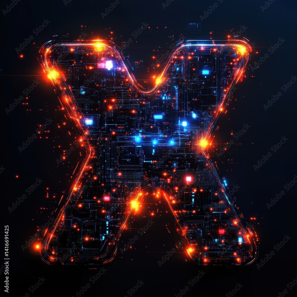 Poster futuristic letter x on circuit board with glowing lights for tech or ai concepts