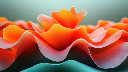 Abstract floral design with soft, wavy petals in orange and peach hues on a teal background