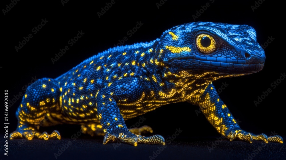 Poster vibrant amphibian close-up with bioluminescent glow and speckled pattern on a dark background create