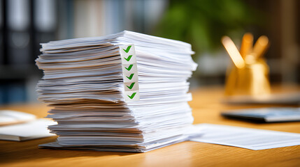 Naklejka premium A close-up of a tall stack of organized paperwork with checkmarks, symbolizing productivity and completion in a bright office setting.