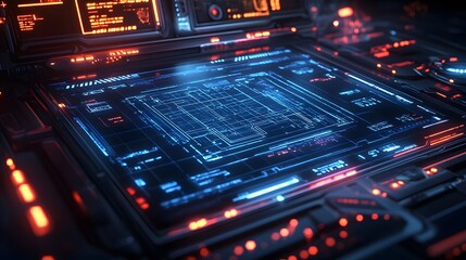 Futuristic control panel with glowing circuits.