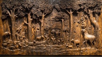 Intricate wood carving depicting a forest scene with various animals and humans interacting peacefully.