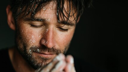 Obraz premium Gritty Man Washing Hands Closeup Portrait Dust Sweat Powerful Masculine