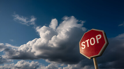 A vivid stop sign against a dramatic blue sky, showcasing fluffy clouds. Captured in bright daylight.