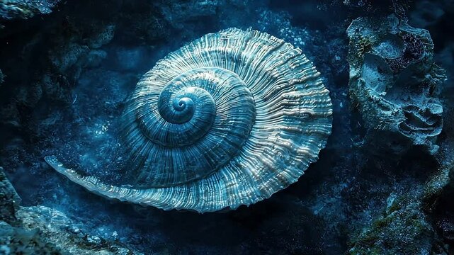 Deep blue spiral seashell on ocean floor