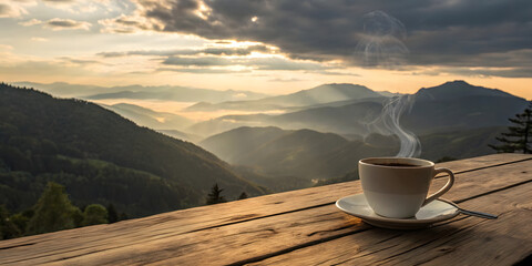 Serene Mountain Sunrise with Steaming Coffee Cup on Wooden Table Overlooking Misty Valley