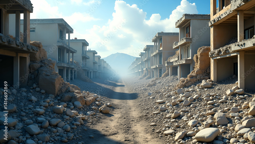 Poster portraying comprehensive earthquake aftermath scenarios with dislocated communities shattered infras