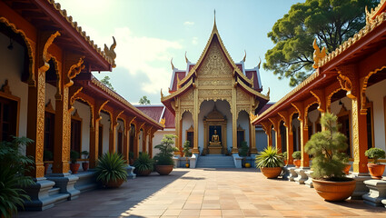 Majestic Vesak Celebration: Ornate Buddhist Temple Surrounded by Serene Nature - Perfect for Spiritual and Cultural Identity Themes