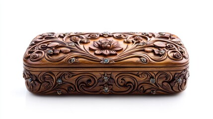 Intricate wooden box with floral carvings and gemstones.