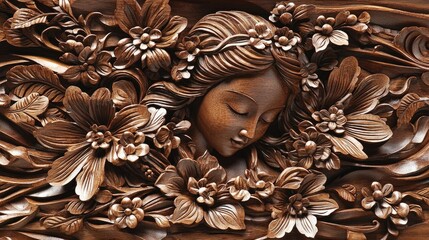 Intricate wood carving of a woman's face surrounded by flowers.