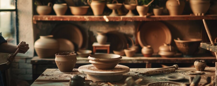 Picture of skillful potter building minimal pottery use tool for artwork. Smart artist craft DIY ceramic handmade art from clay inside studio. Crafting activity concept perfect for decoration. AIG61. - Powered by Adobe