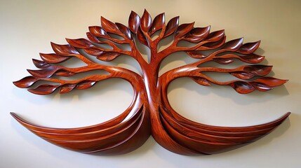 Intricate wooden carving of a double-trunked tree of life, with detailed leaf patterns and flowing branches.