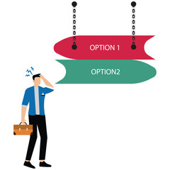 A businessman in doubt, having to choose between two different choices indicated by path pointing in opposite direction