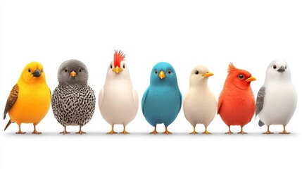 Vibrant avian assembly in varied hues adorable bird figurines in a row against a pristine background avian diversity illustration cheerful and colorful flock