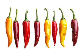Chili peppers in red, yellow, and orange with water droplets isolated on white transparent background. Fresh and spicy food concept
