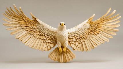 Intricate wooden carving of an eagle with wings spread wide.