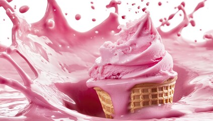Pink ice cream cone submerged in a vibrant pink liquid splash, creating a dynamic and refreshing image
