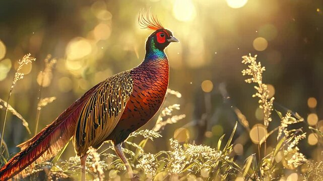 Vibrant pheasant in golden meadow at sunrise