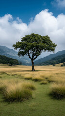 Fototapeta premium Solitary Tree in Meadow: A majestic tree stands alone in a serene meadow under a brilliant blue sky, capturing the essence of natural beauty and tranquility. 