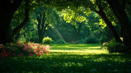 Obraz premium Sunlit Forest Path with Lush Greenery and Pink Flowers