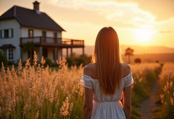 Молодая женщина с длинными волосами стоит спиной к камере перед своим загородным домом на закате. Красивый вид, загородная жизнь
