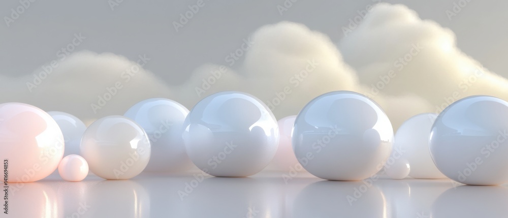 Poster dreamy pastel spheres with soft clouds background, creating a serene and calming atmosphere concept 