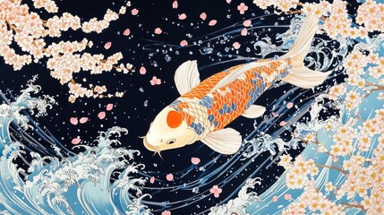 Koi fish swimming amidst cherry blossoms and waves.