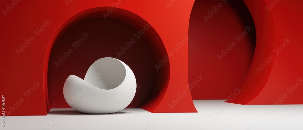 Poster modern white chair inside red arch, creating a minimalist interior design concept with smooth curves