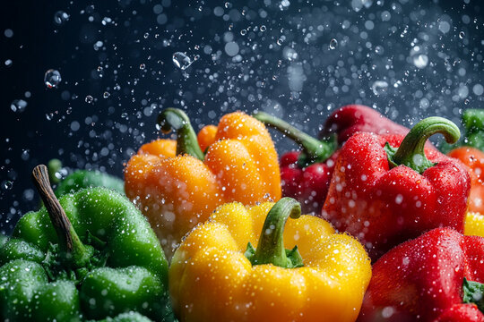 An assortment of colorful peppers in motion, as if flying up with water droplets flying around