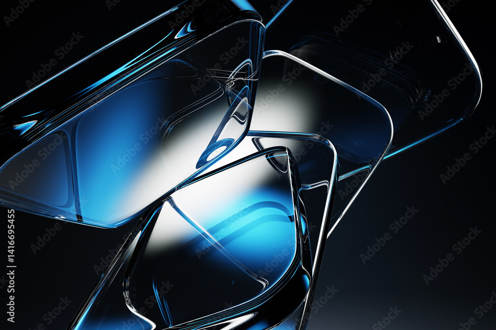 Poster dark blue 3d background with glass transparent square plates render. crystal block shapes with flare