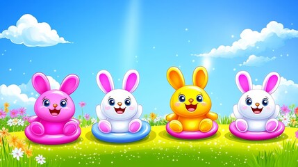 Naklejka premium Adorable cartoon bunnies sitting on colorful cushions amidst a blossoming meadow under a bright sky perfect for springtime easter themes