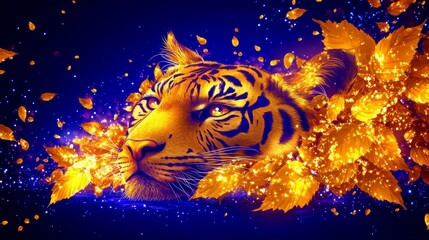 Abstract surreal majestic tiger illustration with glowing particles and vibrant colors creating a dreamy and powerful artistic representation in digital art