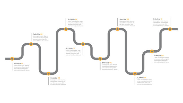 Infographic roadmap design template. Business Timeline of 10 Important Business Events annual business presentation. Vector illustration