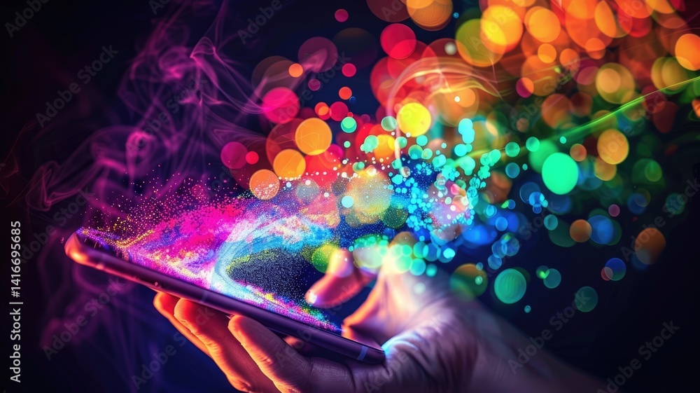 Poster hand holding a smartphone with colorful digital data and light effects. close up of smart people han