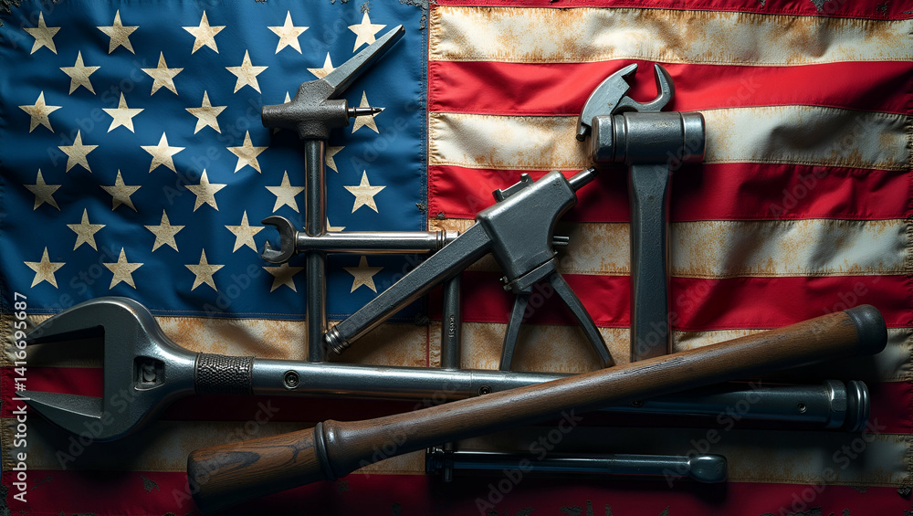 Poster elegant depiction merging tools with flag imagery to emphasize national quality standards engineerin