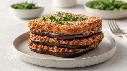 Layers of eggplant slices with meat filling, topped with breadcrumbs and herbs, on a plate.